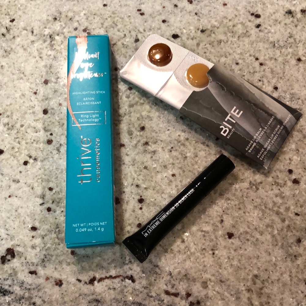 Thrive highlighting stick, MAC mascara & lip scrub
